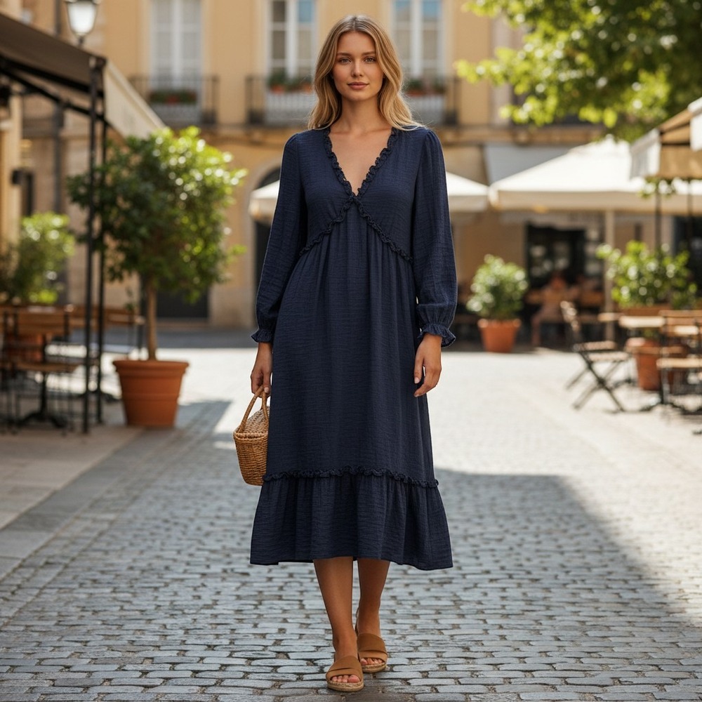Nanette Lepore Dress Womens 6 Navy Blue Silk Ruffle V-Neck Empire Waist Midi